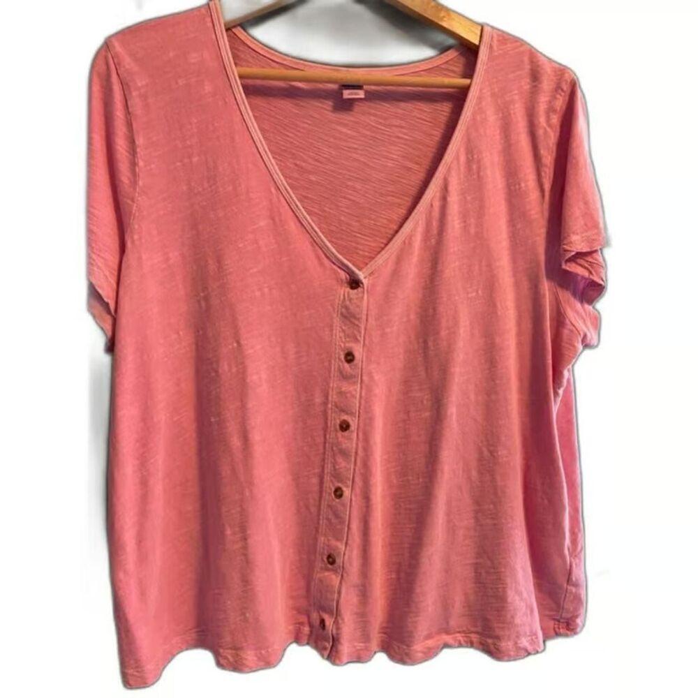 Old Navy Women's Pink Slub Button Front V-Neck T-shirt Size XL